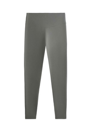 Magas derekú, olívazöld leggings sima anyagból, V-alakú derékrésszel, aktív vagy hétköznapi viseletre tervezve.