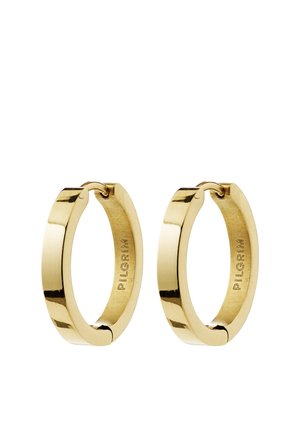 Par polerede øreringe i guldfarve med glatte kanter og "PILGRIM" indgraveret indeni hver ørering.