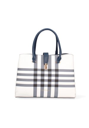Borsa a tracolla bianca con manici blu caratterizzata da un motivo a quadri in toni di grigio e nero; include una chiusura e un dettaglio del logo dorato.