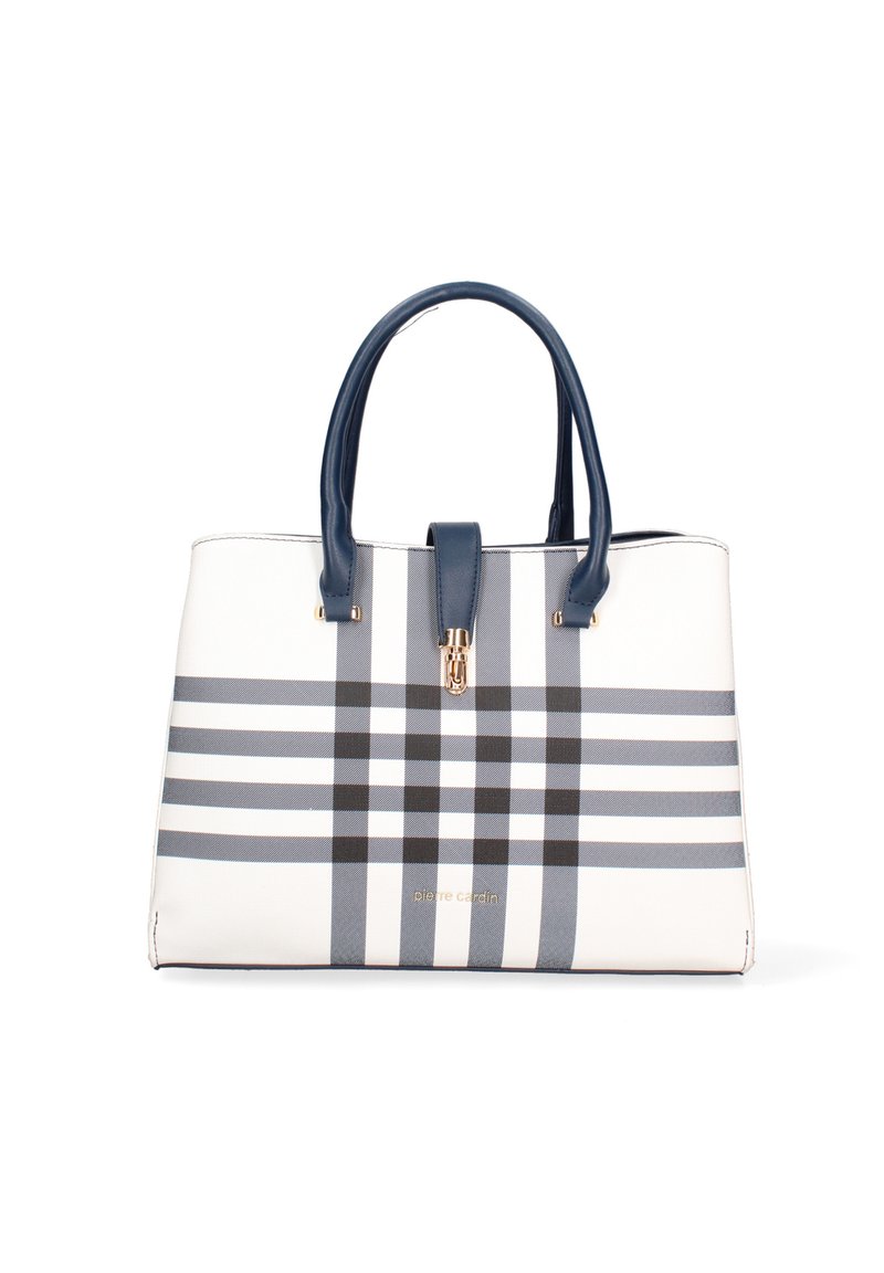 Witte tote bag met blauwe handvatten, met een ruitpatroon in grijstinten en zwart; bevat een sluiting en gouden logo-detail.