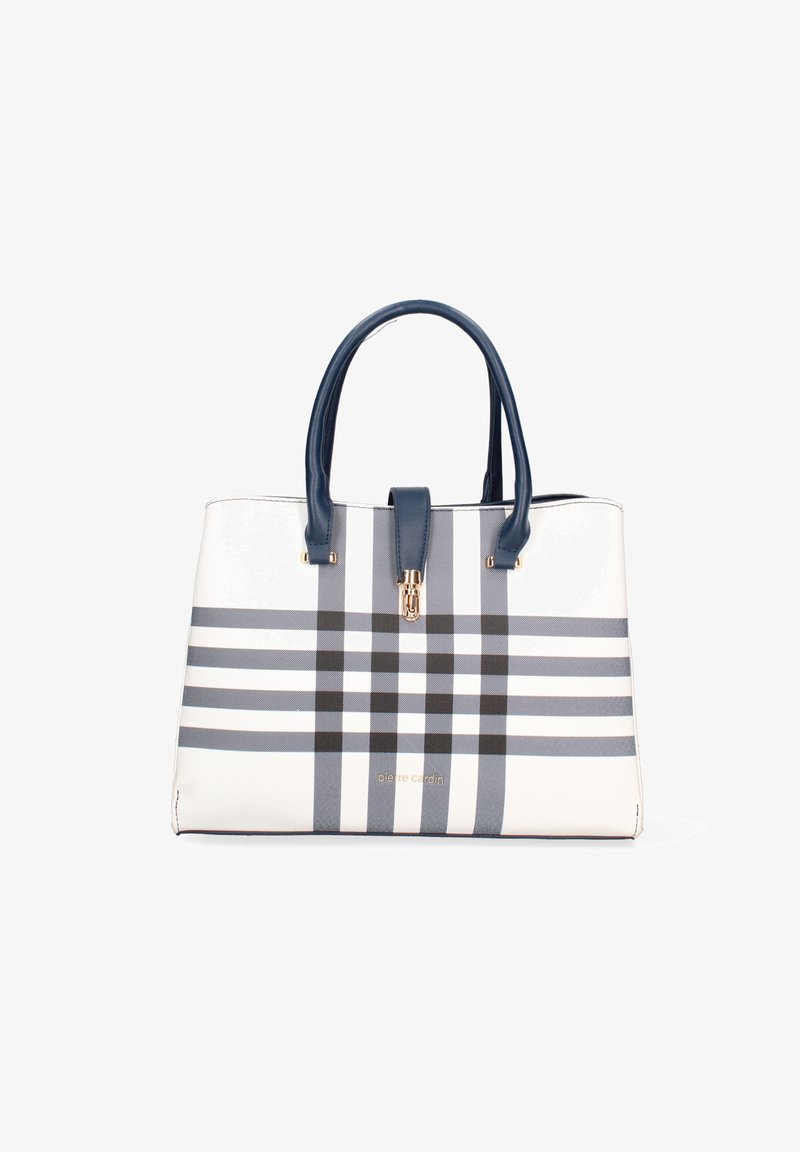 Witte tote bag met blauwe handvatten, met een ruitpatroon in grijstinten en zwart; bevat een sluiting en gouden logo-detail.