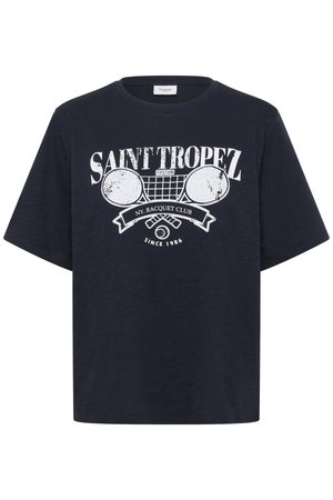 Temno modra oversized majica iz mehkega materiala z belim grafičnim motivom križanih teniških loparjev in besedilom "Saint Tropez".