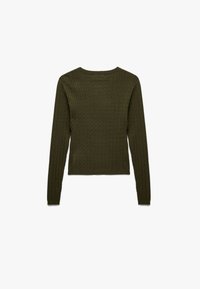 Maglione a trecce di colore verde oliva scuro, con maniche lunghe, scollatura rotonda e motivo testurizzato su tutta la superficie. Progettato per una vestibilità aderente.