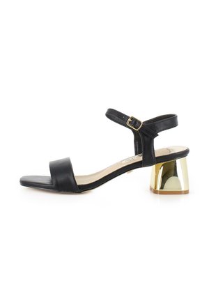 Sandal de cuero negro con punta cuadrada, tira en el tobillo, detalle de hebilla dorada y tacón bloque geométrico transparente. Textura suave.