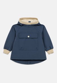 Ναυτικό μπλε ελαφρύ πουλόβερ με μπεζ ριμπ κουκούλα, ελαστικές μανσέτες και εμπρόσθια τσέπη με κουμπιά σούστες. Λείο, αδιάβροχο ύφασμα.