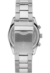 Zilveren roestvrijstalen horloge met een schakelarmband, gegraveerde sluiting en een ronde kast met een gestructureerde zwarte wijzerplaat.