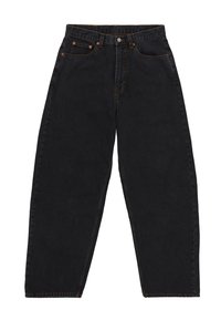 Black denim jeans with a loose cut, featuring orange stitching, five pockets, a button closure, and a standard waistband.