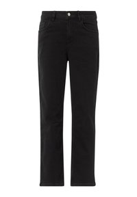 Black denim jeans featuring a straight-leg cut, classic five-pocket design, and a simple silver button at the waist.
