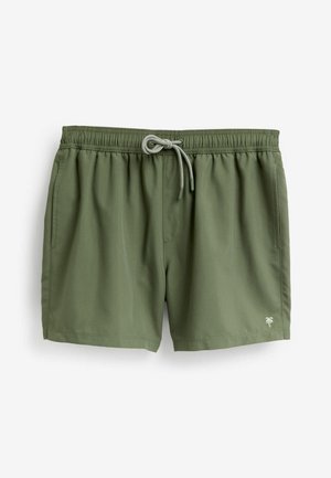 Pantaloni scurți de înot de culoare verde olive, confecționați dintr-un material ușor, având o talie elastică cu șnur și un mic logo cu palmier.