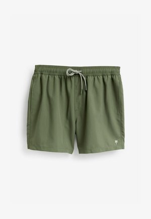 Olivengroene zwemshorts van lichtgewicht stof, met een elastische tailleband en een trekkoord, en een klein palmbomenlogo.