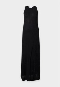 Robe noire sans manches longue jusqu'au sol avec un motif subtil de points perforés et un col rond, présentée sur un fond clair uni.