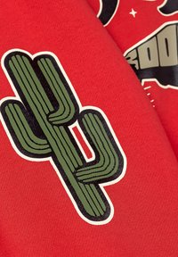 Rode stof met een groene cactusafbeelding met gedetailleerde lijnen en contouren, waarbij een gedurfd ontwerpelement in het midden wordt benadrukt.
