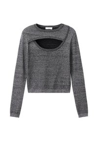 Maglione grigio corto con maniche lunghe, dotato di un colletto arrotondato e di un'area aperta intagliata vicino al petto, realizzato in un tessuto a maglia testurizzato.