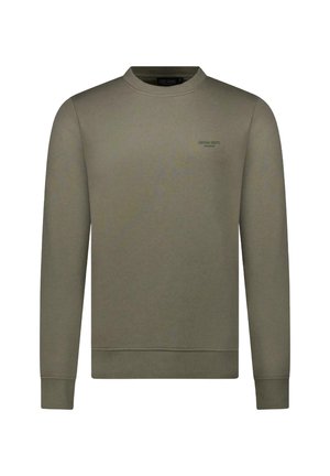 Olijfgroene trui van zachte stof, met een ronde hals, lange mouwen, geribbelde boorden en zoom, en een subtiel logodetail op de borst.