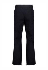 Black cotton pants with a straight-leg design, elastic waistband, and two back pockets. Light texture, minimal detailing, and casual style.