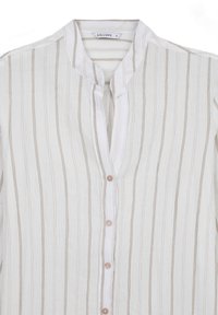 White shirt with vertical beige stripes, mandarin collar, front placket with pink buttons, textured fabric, lightweight design.