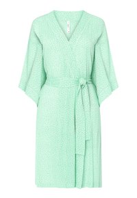 Bata envolvente verde claro con lunares blancos, escote en V, mangas amplias y detalle de cintura atada. Fabricada en una tela suave y ligera.
