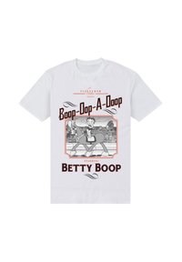 Bílý bavlněný tričko s vintage černobílou ilustrací Betty Boop, se červeným textem, který zní "Boop-Oop-A-Doo."