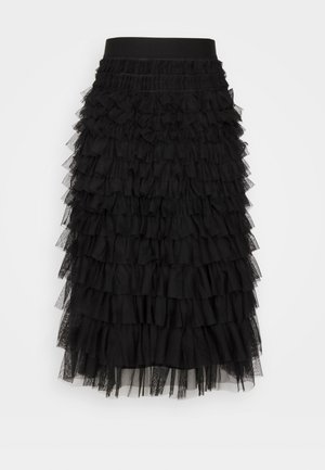 Saia preta em camadas com uma cintura elástica, múltiplas camadas de babados franzidos e uma textura de tule suave, criando volume e movimento.