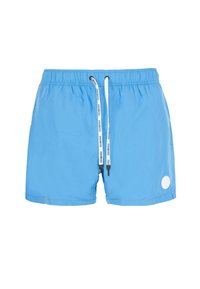 Costumi da bagno azzurri realizzati in materiale ad asciugatura rapida, con vita elasticizzata e lacci regolabili, e un accento di logo circolare bianco.