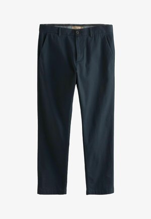 Marineblaue Chinos aus einem glatten Baumwoll-Mix, mit flachem Frontschnitt, seitlichen Taschen und geradem Beinverlauf. Einfacher Knopfverschluss an der Taille.