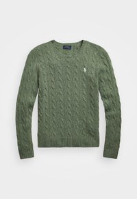 Pull en maille torsadée vert avec un col et un ourlet côtelés. Comprend des manches longues et un petit logo brodé sur la poitrine. Texture douce.
