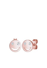 Ohrringe in Roségold in Form eines Smiley-Gesichts, mit zwei klaren Kristallakzenten für die Augen und einer glatten, polierten Oberfläche.