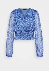 Blusa con stampa floreale blu, scollatura a V, maniche lunghe trasparenti e cintura elastica, realizzata in un tessuto leggero e testurizzato.