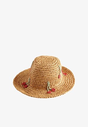 Pinta, pintinė skrybėlė su apvaliu vainiku, plačiu kraštu, išsiuvinėta raudenomis gėlėmis ir žaliais akcentais vienoje pusėje.