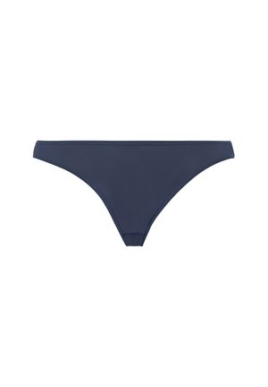 Navy blue bikini bottom, minimal coverage design, smooth texture, elastic waistband, and no visible seams.