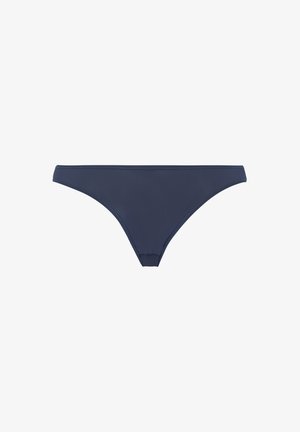 Navy blue bikini bottom, minimal coverage design, smooth texture, elastic waistband, and no visible seams.