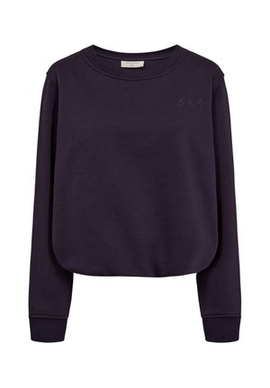 Donkerpaarse sweatshirt met lange mouwen, geribde boorden en ronde hals, subtiel geborduurd logo op de linker bovenborst.