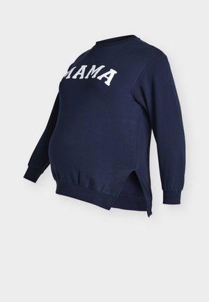 Navyblauer Pullover mit weißer Aufschrift "MAMA", Rundhalsausschnitt, Seitenschlitzen und gerippten Bündchen. Hergestellt aus weichem, dehnbarem Stoff für Komfort.