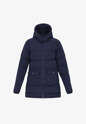 Giacca puffer blu navy con cappuccio, dotata di zip frontale, due tasche sul petto e design quilted cucito per l'isolamento.