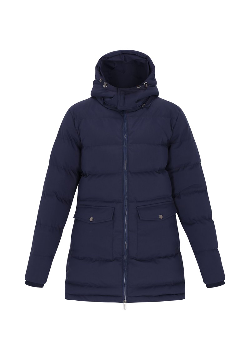 Giacca puffer blu navy con cappuccio, dotata di zip frontale, due tasche sul petto e design quilted cucito per l'isolamento.