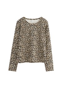 Långärmad skjorta i ett beige tyg med ett svart leopardmönster. Mjuk textur med en bred halsringning och en rak fåll.
