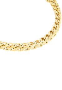Bracciale in catena dorata con design intrecciato, texture liscia e forma curvilinea. Presenta anelli intrecciati per un tocco di dettaglio in più.