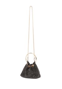 Sort perle-bag med et rundt guld ringehåndtag og kædetræksrem. Samlet design med en blød tekstur og subtil glans.