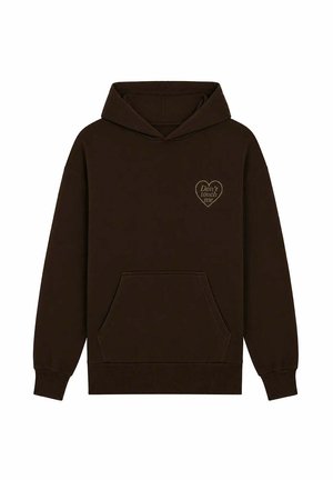 Sudadera con capucha marrón oscuro con bolsillo frontal y pequeño estampado en forma de corazón en el pecho que dice ""Don't touch me"" en texto marrón claro.