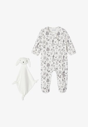White baby romper with gray botanical print and long sleeves, paired with a white, soft fabric bunny security blanket.