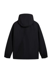 Black hooded jacket with elastic cuffs, made of smooth fabric. Features a simple design and a relaxed fit, suitable for layering.