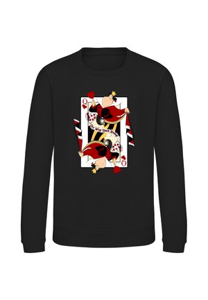 Sort sweatshirt med et motiv af Hjerter Dame spillekort, der viser en stiliseret dronning iført rødt og sort tøj, som holder et hjerte og en sceptre.