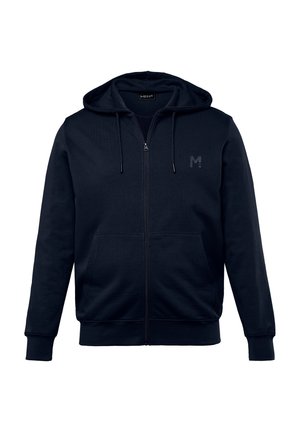 Marineblå zip-up hoodie lavet af bomuldsblanding; har en hætte med snoretræk, forlommer, ribbede manchetter og et lille logo på brystet.