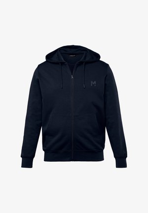 Marineblå zip-up hoodie lavet af bomuldsblanding; har en hætte med snoretræk, forlommer, ribbede manchetter og et lille logo på brystet.