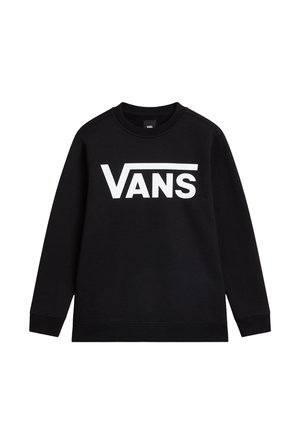 Zwarte sweatshirt met ronde hals, lange mouwen en een groot wit "VANS"-logo op de borst. Katoenen stof met een zachte textuur.