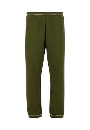 Olivgrüne Sweatpants aus weichem Stoff. Mit elastischem Bund und gerippten Bündchen an den Knöcheln. Keine Taschen oder zusätzliche Details.