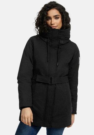 Black winter parka with a high collar, drawstring, and belt. Features two side pockets and a patch on the left sleeve. Smooth texture.