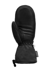 Schwarze Handschuhe mit glattem Lederäußeren, isoliertem Design und einem gerafften Handgelenk für einen sicheren Sitz. Logo-Akzente am Bündchen.