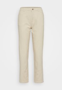 Beige bomullsbyxor med rak benmodeller. Har framfickor, dragkedja med knappstängning och diskreta kantstickningsdetaljer.