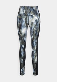 Legíny s vysokým pasem s abstraktním vzorem v černé, modré a zlaté barvě, s síťovinovými panely po stranách pro zvýšení textury a prodyšnosti.